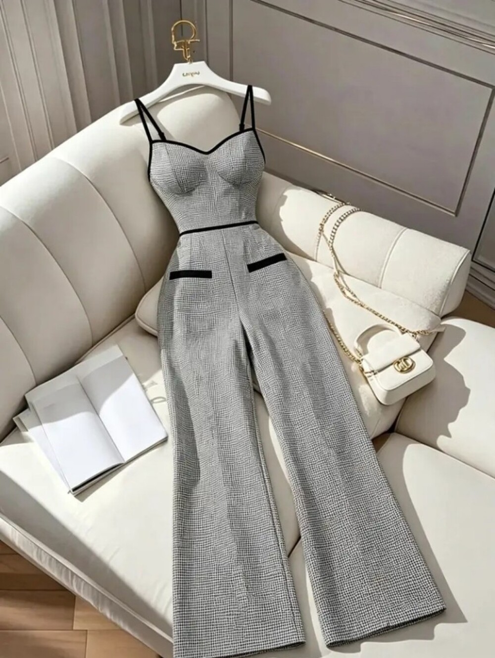 Color-blocked Houndstooth Jumpsuit with Adjustable Straps and a Pleated Waist